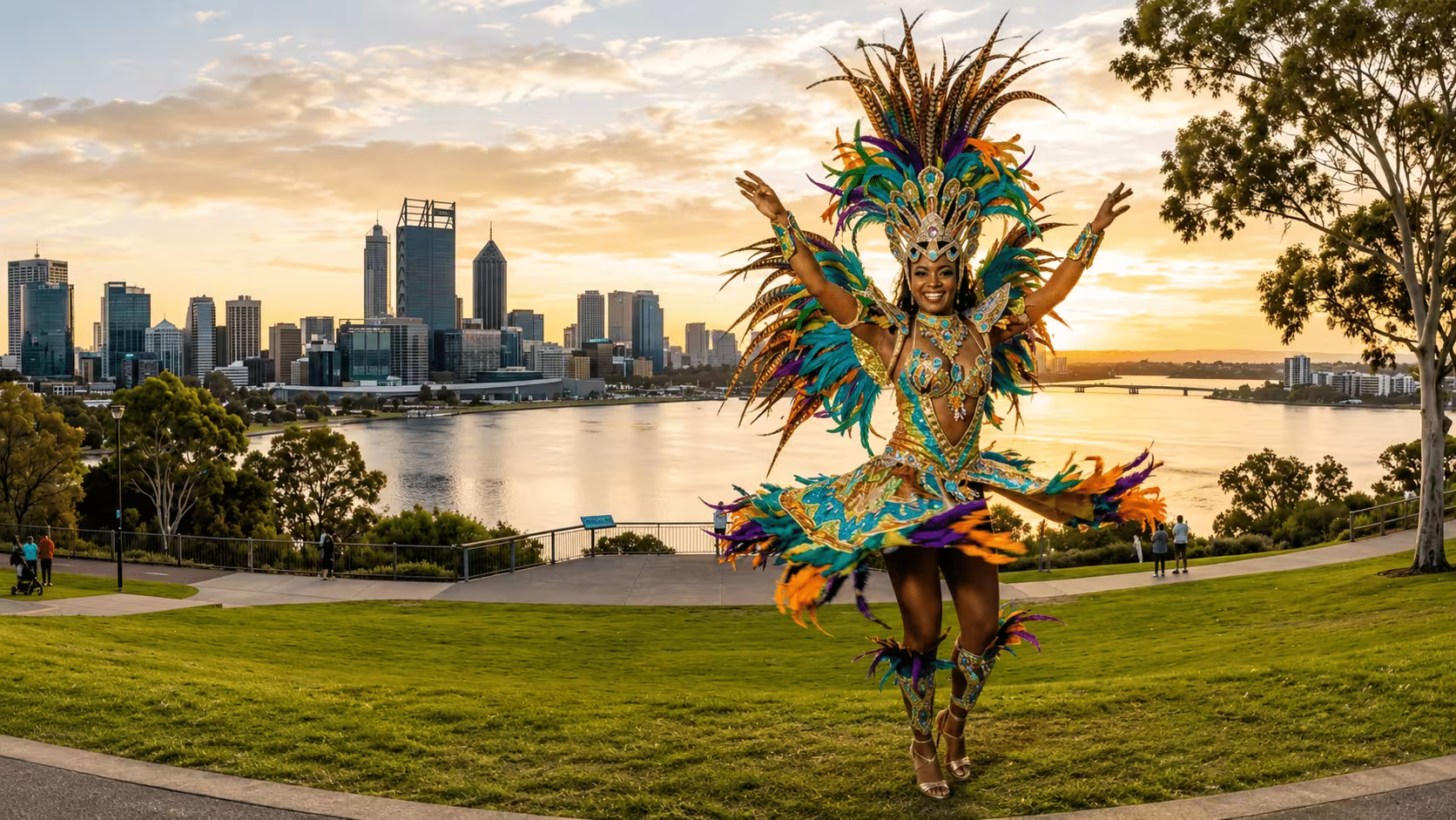 Samba dancer in a bright Brazilian costume representing Dance Bloc Brazil classes and performances